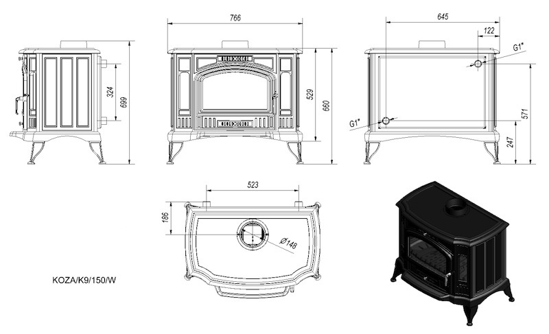 Габаритные размеры Kratki Koza K9 150 W